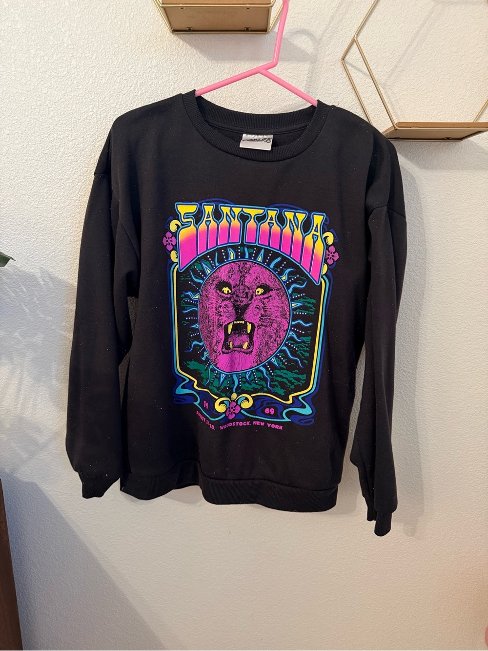 Black Graphic Crewneck Sweatshirt - Bold Neon Lion Design